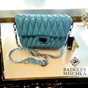 Badgley Mischka vegan leather tiffany blue quilted messenger bag